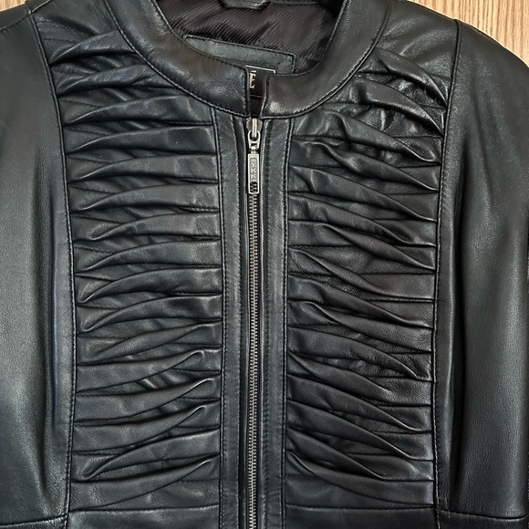 Black Moto Leather Jacket with Ruched Front and Fitted Silhouette L - Picture 2 of 8